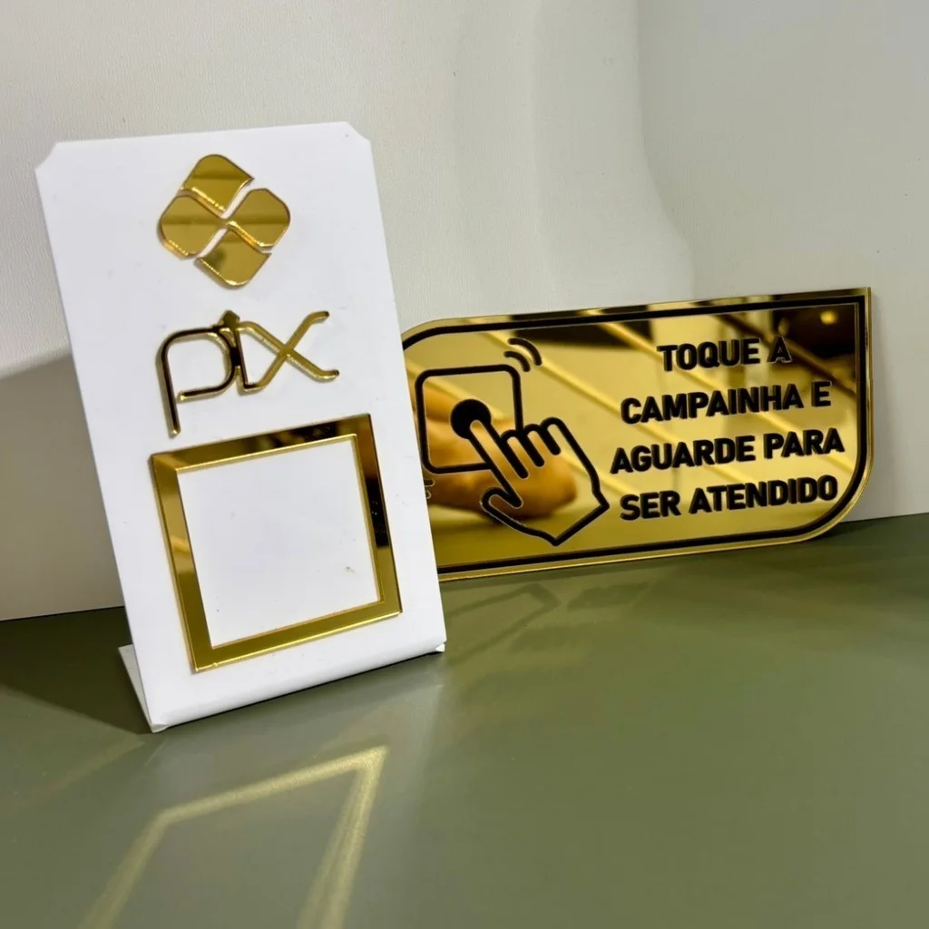 Kit Sinalização De Balcão: Placa Pix Qr Code + Placa Campainha Acrílico Espelhado