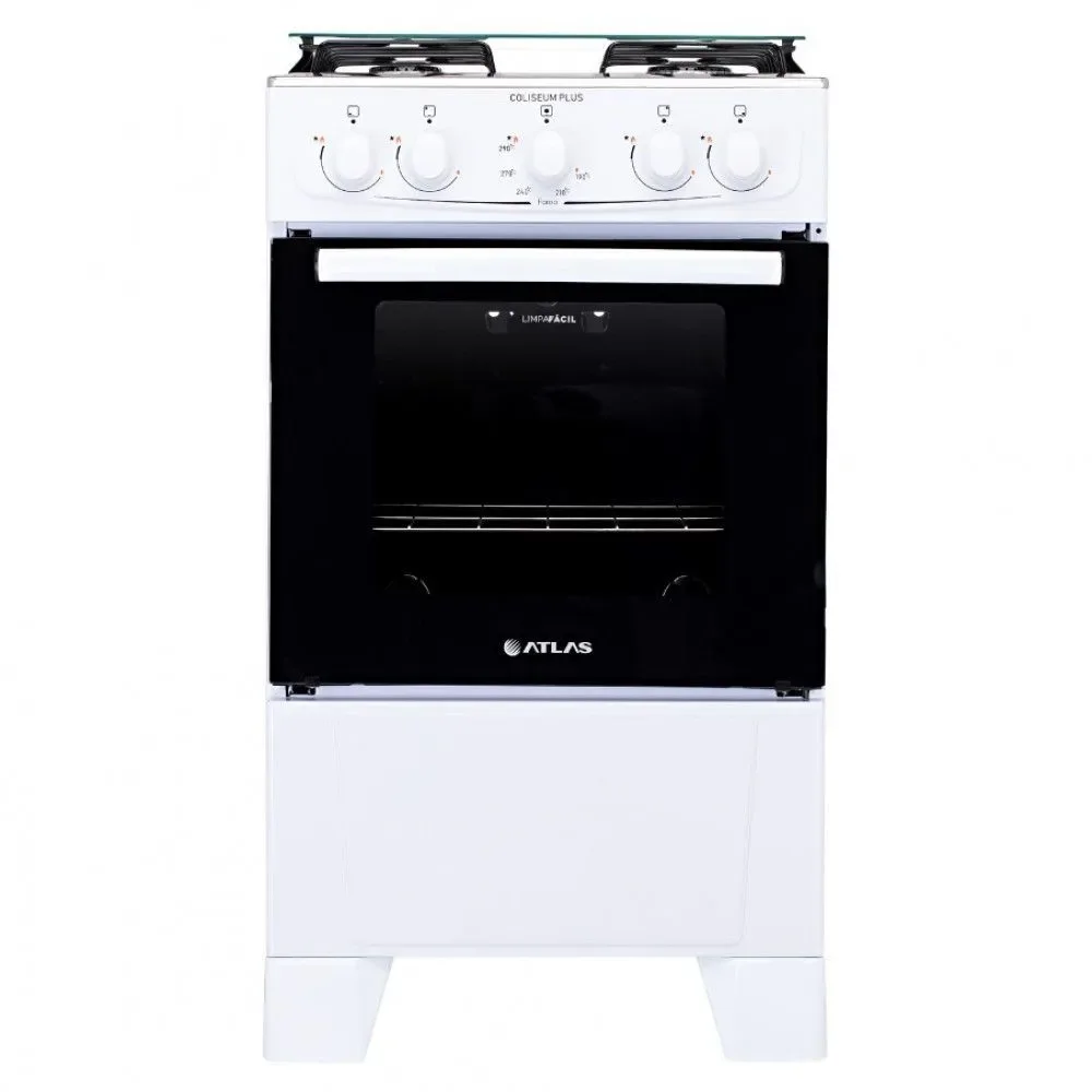 Fogão de Piso 4 Bocas GLP Atlas Coliseum Mesa em Aço Inox com Vidro Acendimento Manual Branco 50L