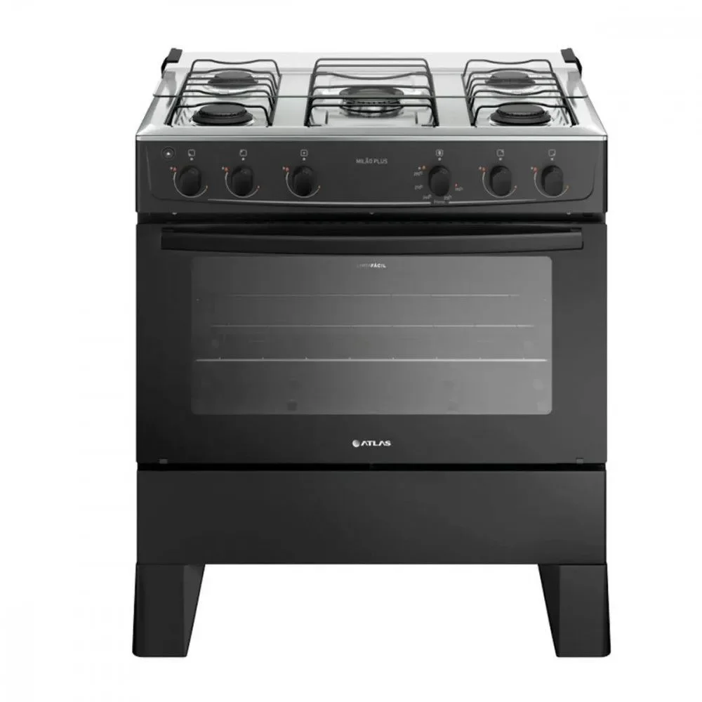 Fogão de Piso 5 Bocas Gás Atlas Milão Plus Mesa Inox Acendimento Automático Preto Bivolt