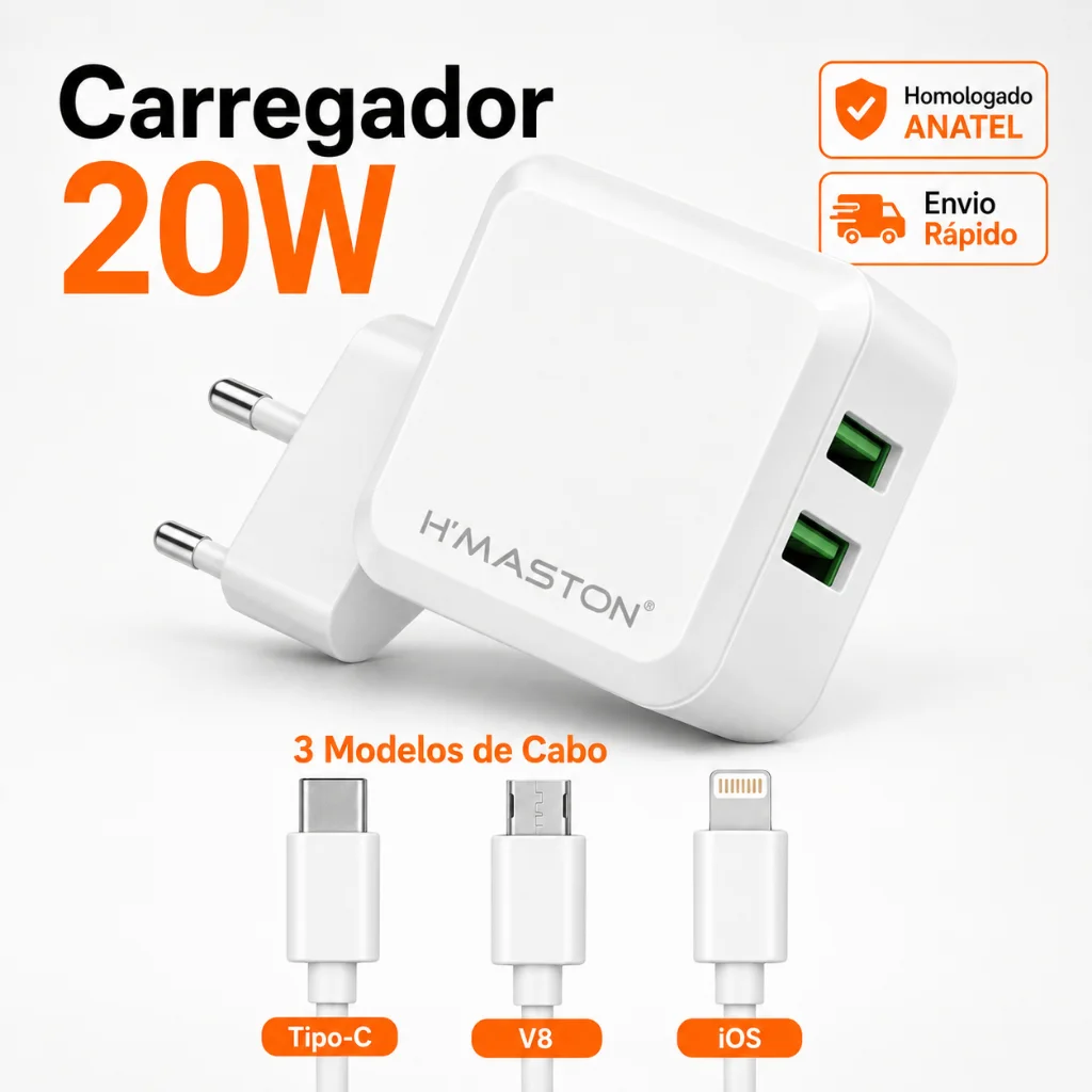 Fonte Carregador Celular Smartphone Turbo Hmaston USB 4.1A Homologado Anatel Tipo-C V8 IOS Iphone