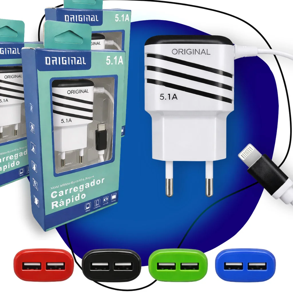 Kit 12 Carregadores Rápido Para Celular Smartphone Via Lightning e USB