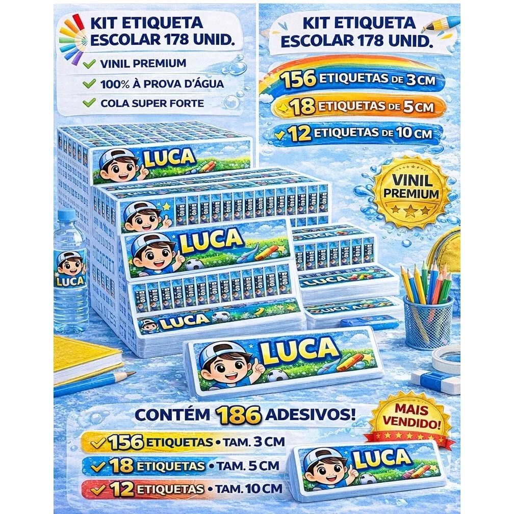 SUPER KIT Etiqueta Escolar Personalizada | Vinil à Prova d’Água – 186 unid. | 100+ Temas Exclusivos