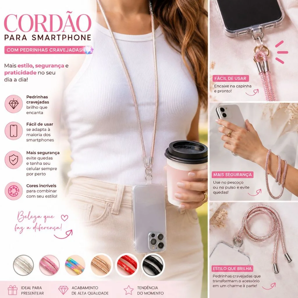 Cordão Brilhante para Smartphone - Corrente Celular com pedrinhas cravejadas | Acessório Pescoço e Corpo PRONTA ENTREGA