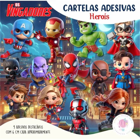 Cartela Adesivo Vingadores Herois Vinil à Prova D'água - Adesivos p/ Caderno, Squeeze, Smartphone, Notebook, Bike, Moto