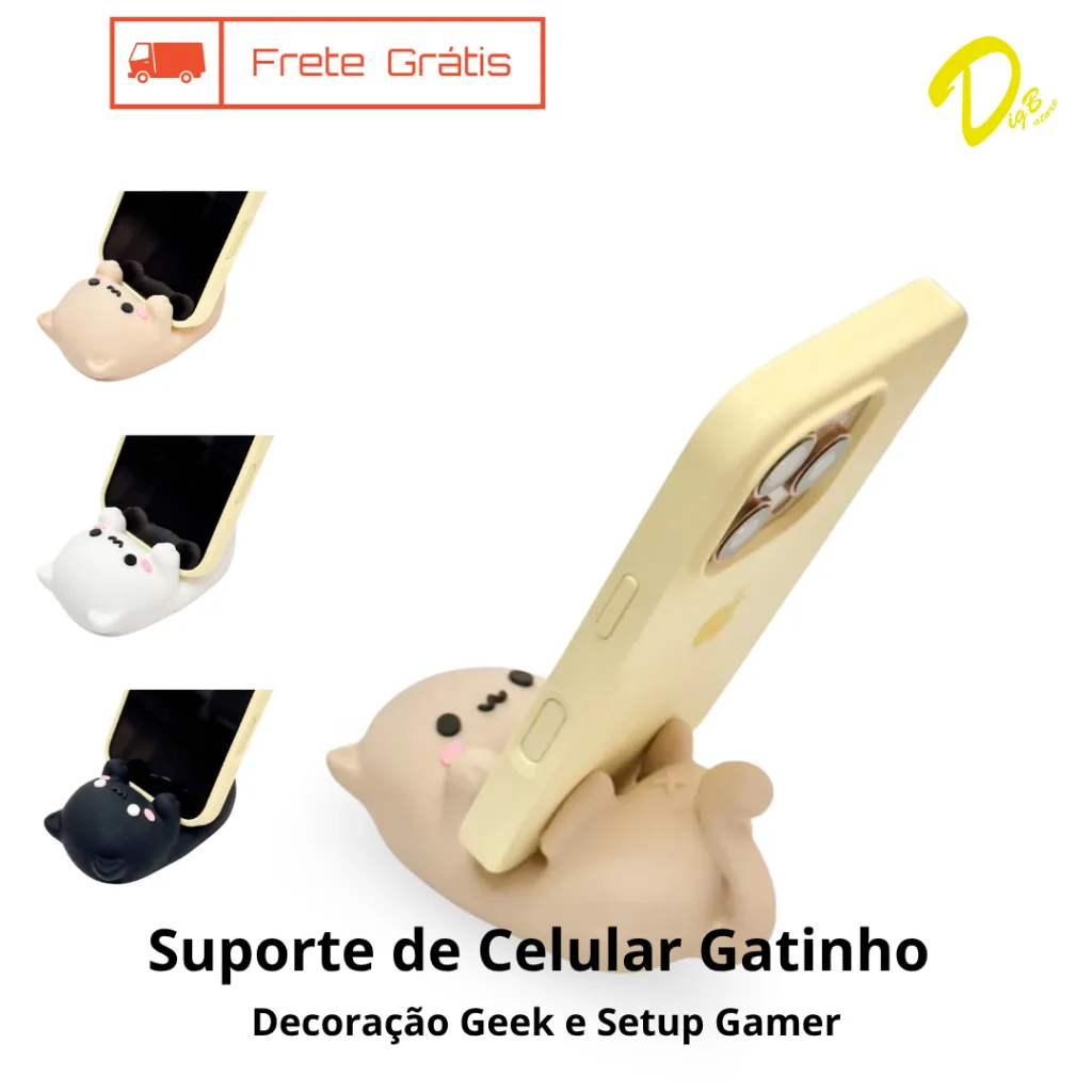 Suporte Celular Gato Kawaii Deitado Porta Smartphone Mesa Decoração Desk Setup Geek Gatinho Fofo