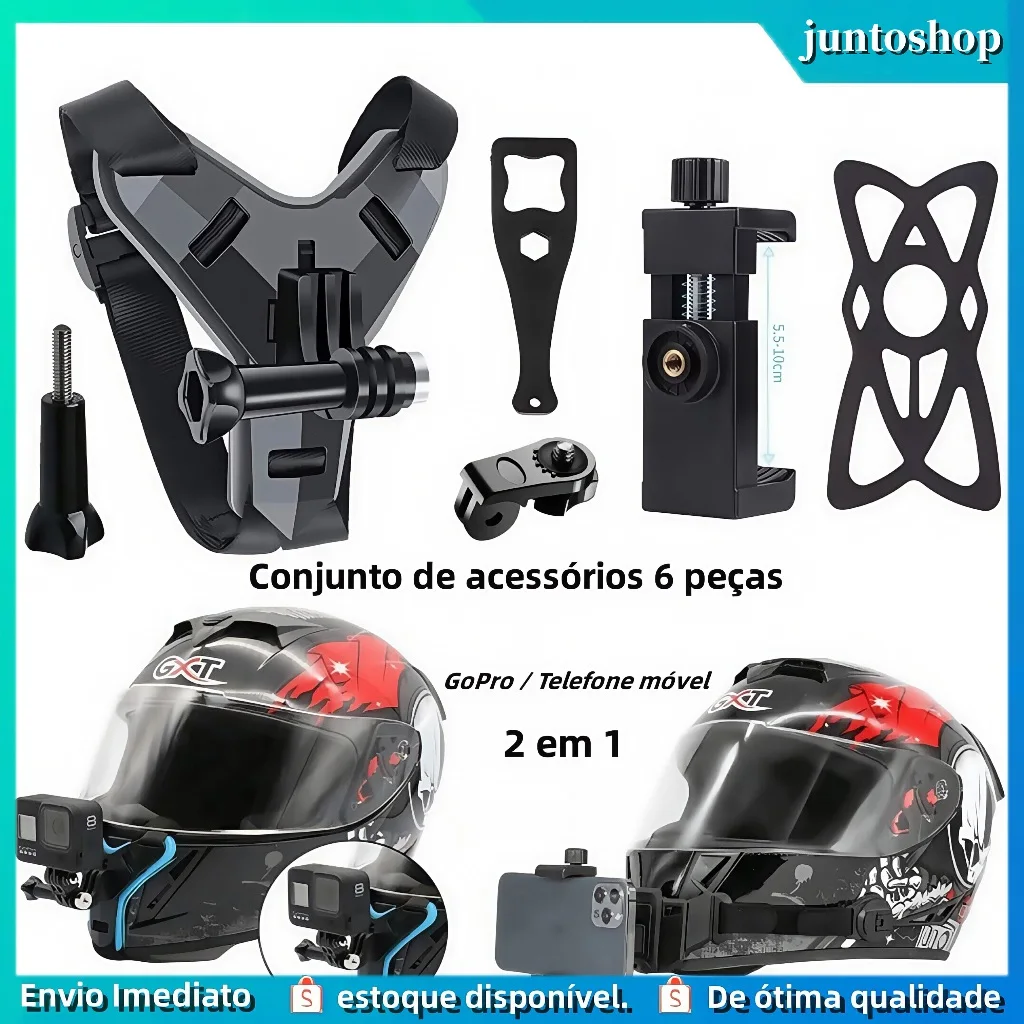 Três cores 6 kits Suporte Camera Celular Capacete Queixo(GoPro/SJCAM) e Smartphones - Ideal para Motociclismo e Aventura